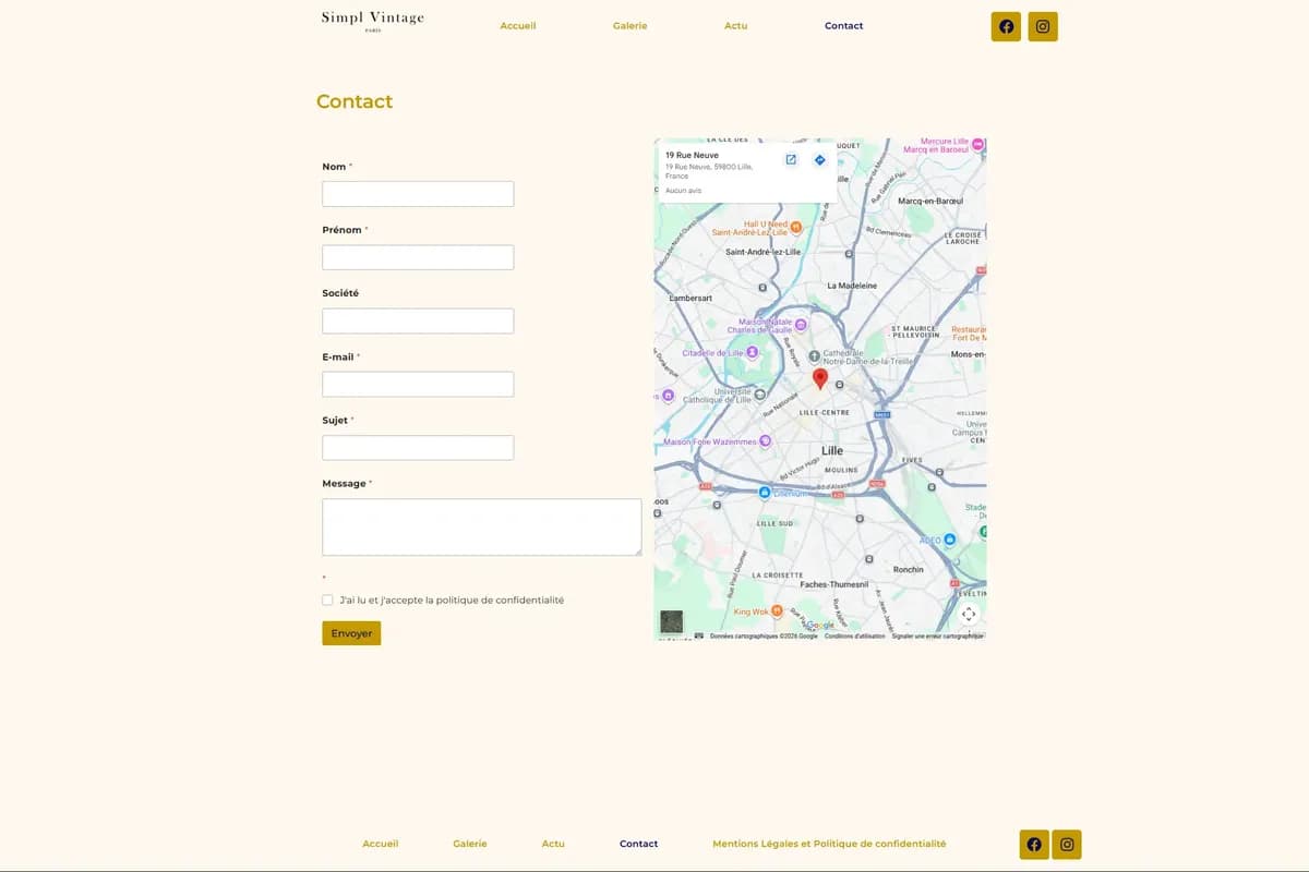 Page de contact du site Simpl Vintage