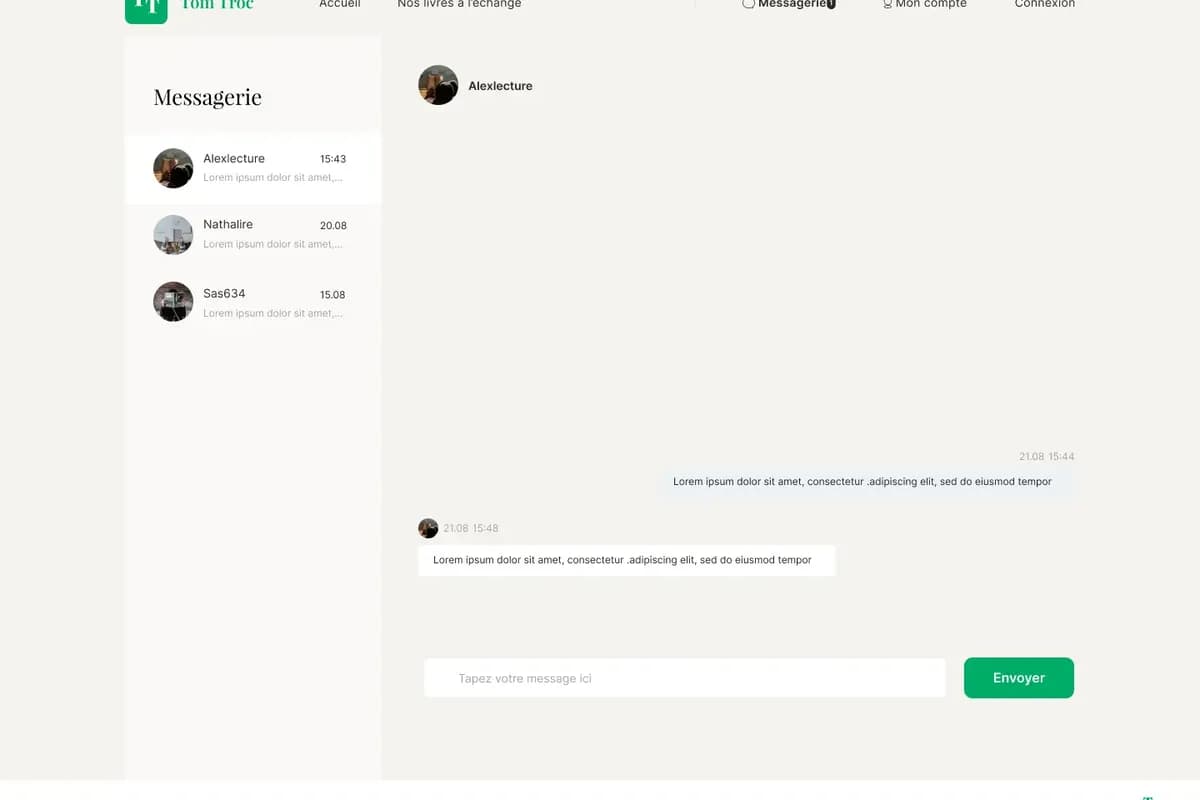 Page Messagerie du projet TomTroc