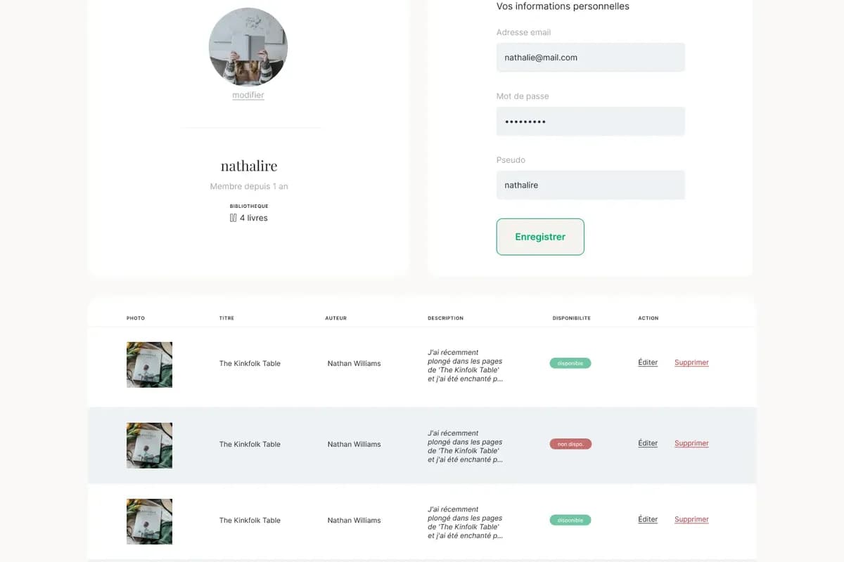 Page mon compte du projet TomTroc
