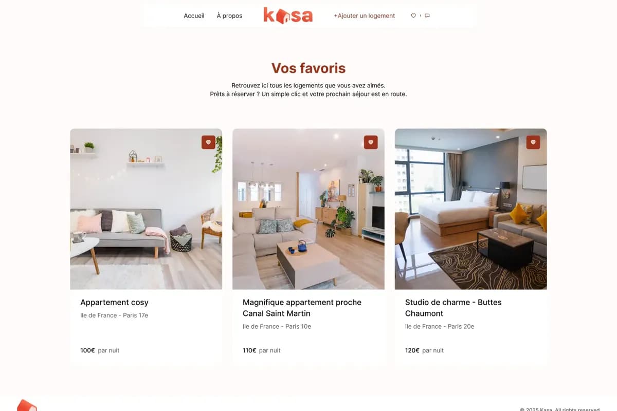 Page favoris du projet Kasa