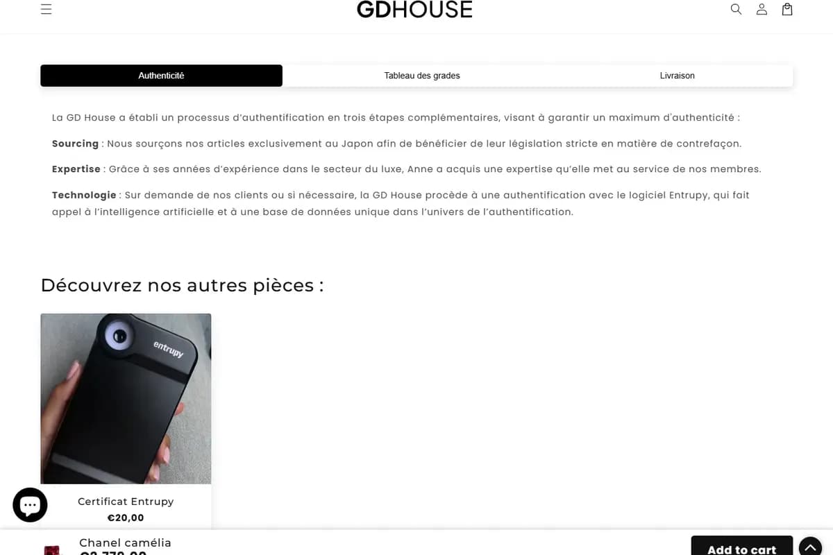 Page produit du site GD House